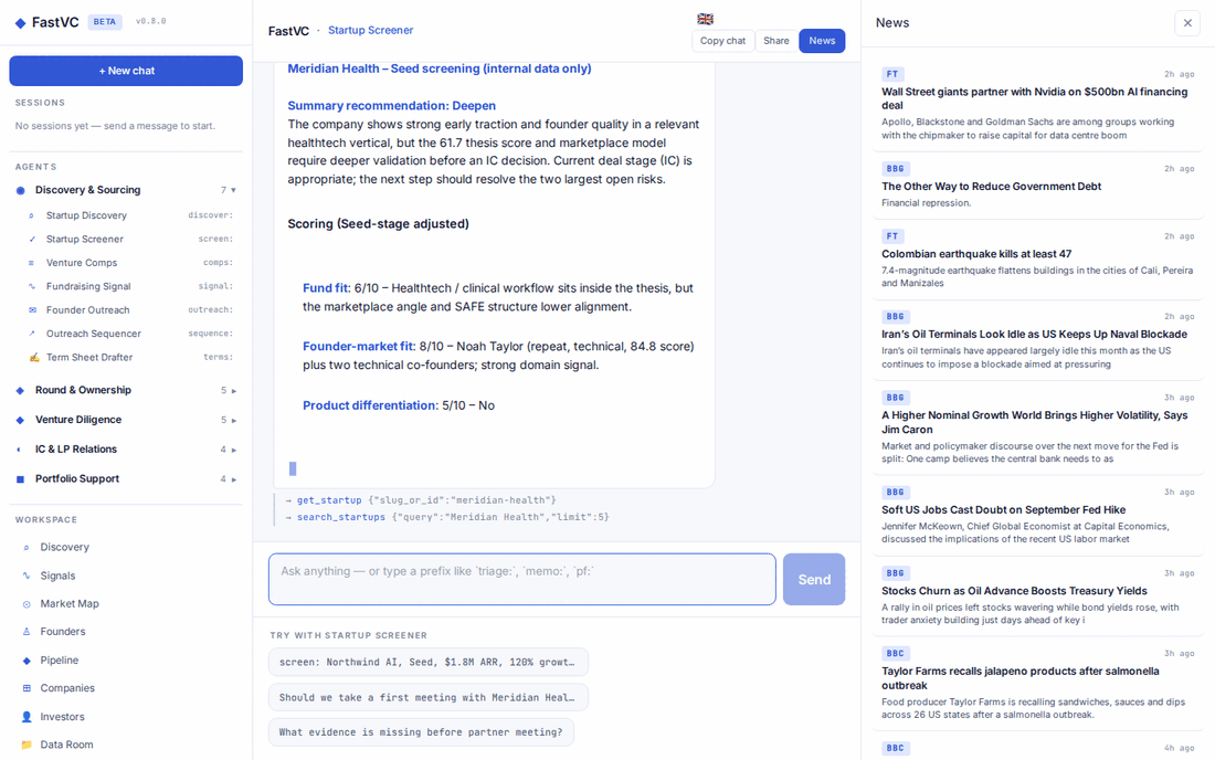 FastVC product walkthrough showing specialist AI agents, startup discovery, pipeline, analytics and portfolio workspaces